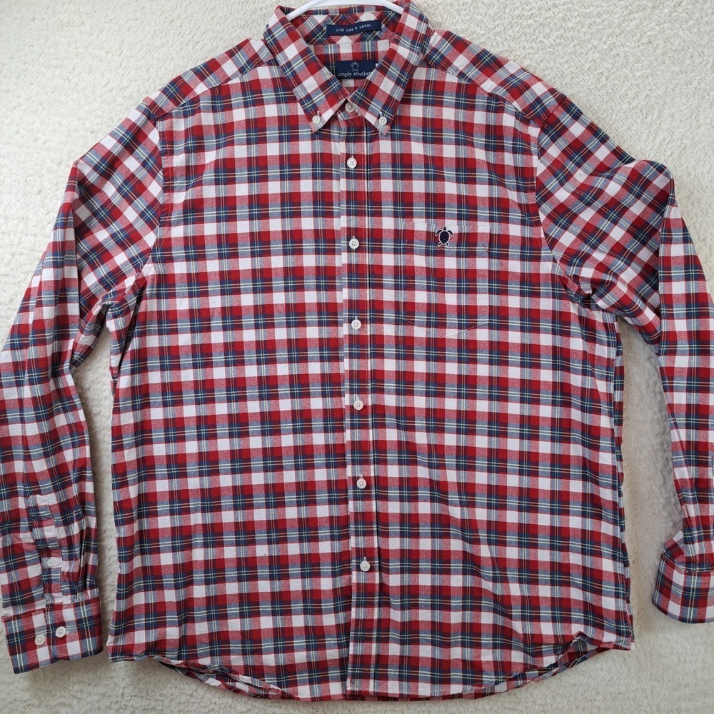 Simply Southern Shirt Mens XL Red Blue Plaid Flannel Long Sleeve Button Down